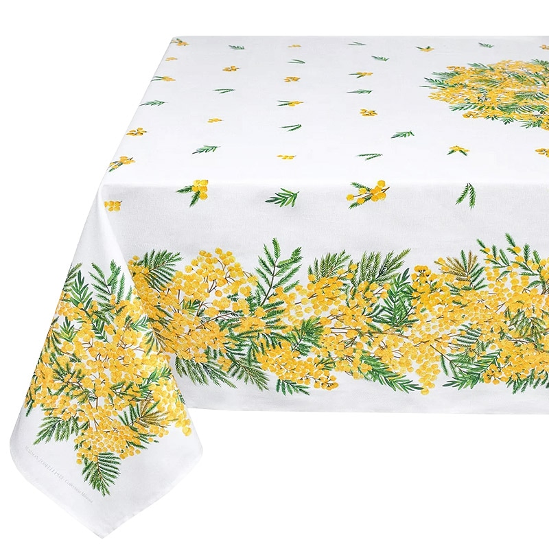 フランス製 コットン撥水テーブルクロス　ミモザ/ホワイト 200x150cmサイズ F200155-MMS-WT
