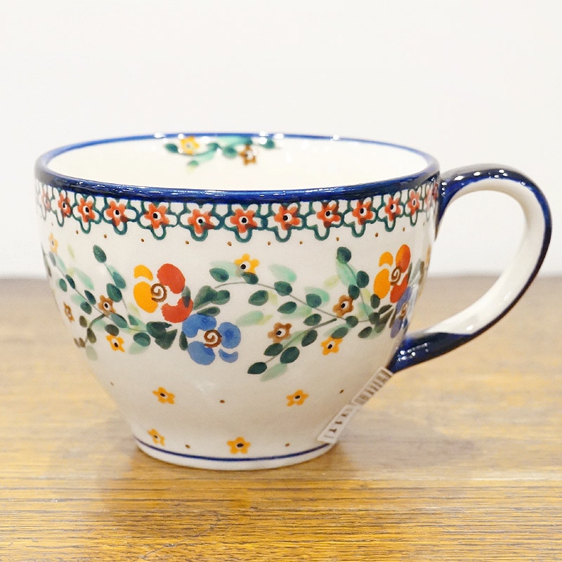 ポーランド陶器　ポーリッシュポタリー 「Millena」 カフェオレマグ/スープカップ（約400ml） M0129-B1　花かんむり