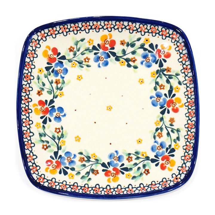 ポーランド陶器　ポーリッシュポタリー 「Millena」 スクエアプレート　M0407-B1　花かんむり