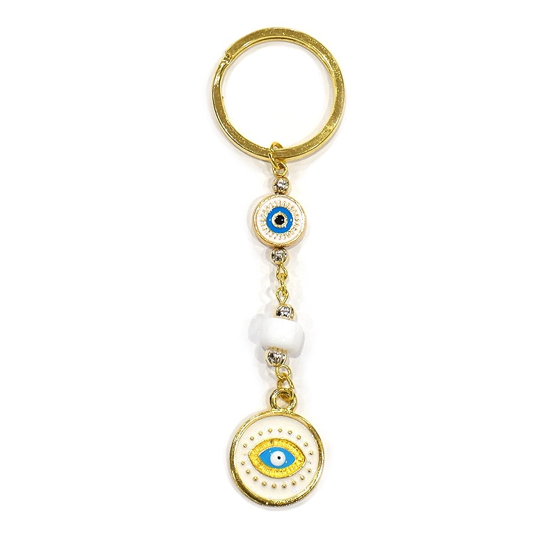 トルコ製　ナザールボンジュウキーホルダー　ゴールド×ホワイト　N-K15064WT