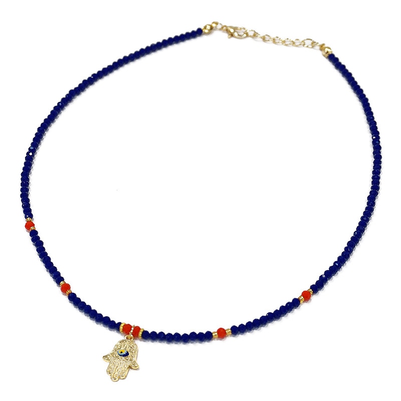 トルコ製　ナザールボンジュウ　ビーズネックレス　N-P14483NV　ファティマの手/ネイビー