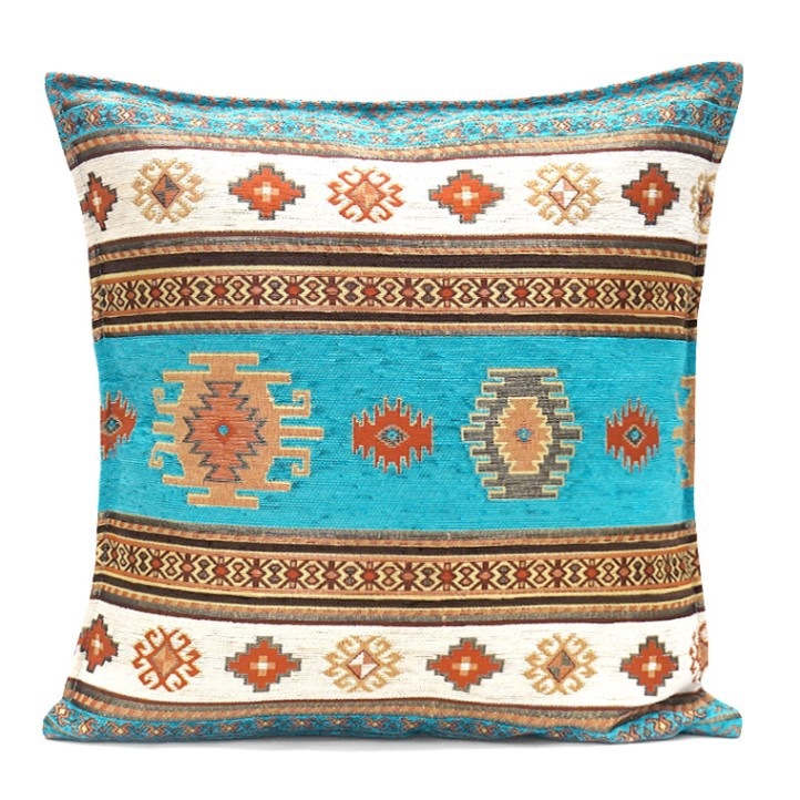 シェニールクッションカバー　CC-KLTQ　キリム柄/ターコイズ（40～45cm角対応サイズ）