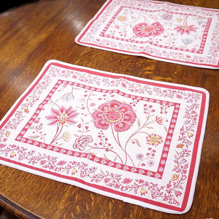 ヴィンテージフランス ラズベリー＆桜ピンク織刺繍 プレイスマット リネンランナー ヴィンテージフランス ラズベリー＆桜ピンク織刺繍 プレイスマット