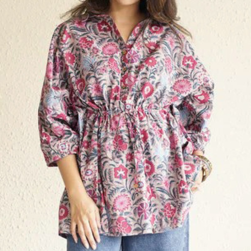 ハンドブロックプリント ブラウス JM-337GY ウエストマーク/グレー