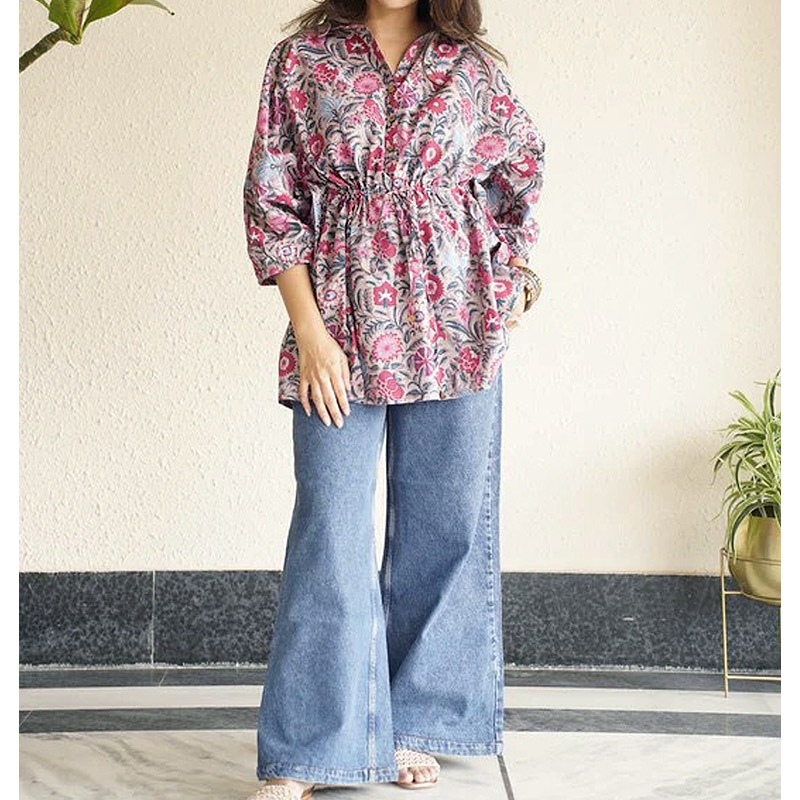 ハンドブロックプリント ブラウス JM-337GY ウエストマーク/グレー