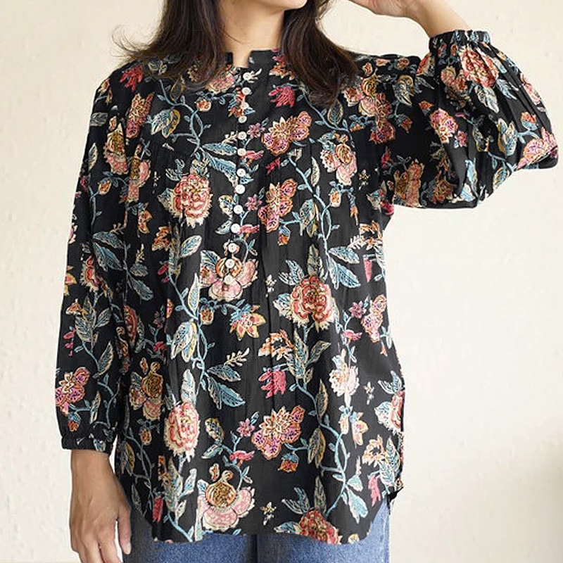 ハンドブロックプリント　ブラウス　JM-348BK　スタンドカラー/ブラック