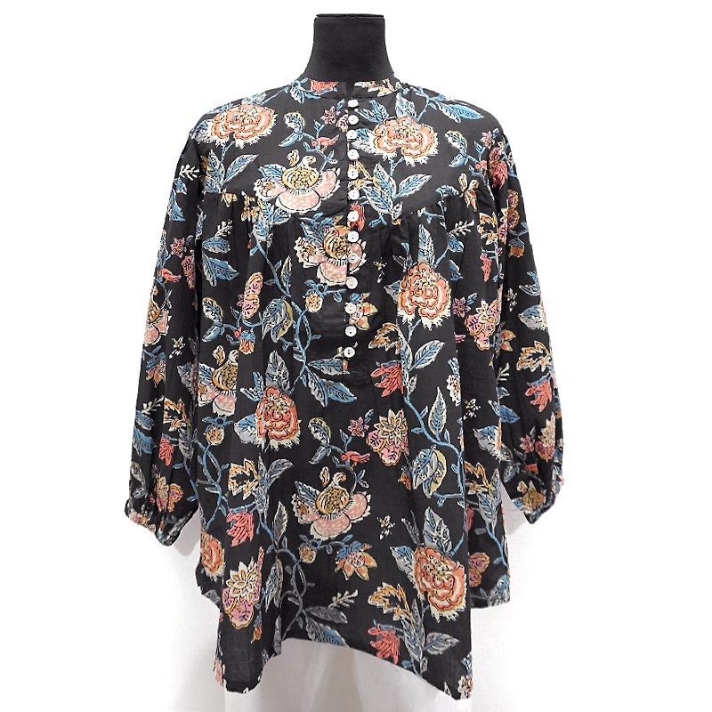 ハンドブロックプリント　ブラウス　JM-348BK　スタンドカラー/ブラック