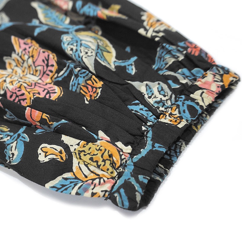 ハンドブロックプリント　ブラウス　JM-348BK　スタンドカラー/ブラック