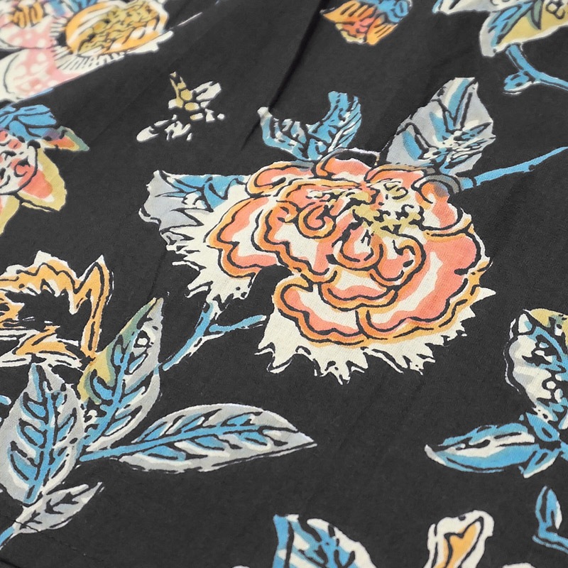 ハンドブロックプリント　ブラウス　JM-348BK　スタンドカラー/ブラック