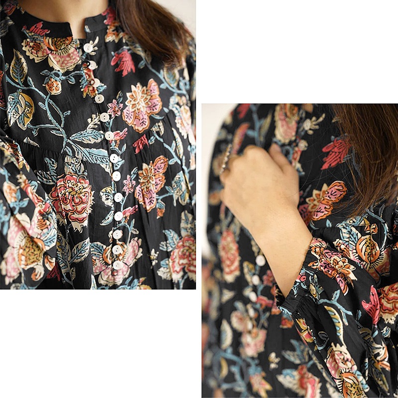 ハンドブロックプリント　ブラウス　JM-348BK　スタンドカラー/ブラック