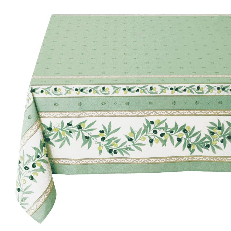 フランス製 コットン撥水テーブルクロス☆オリーブ柄/グリーン