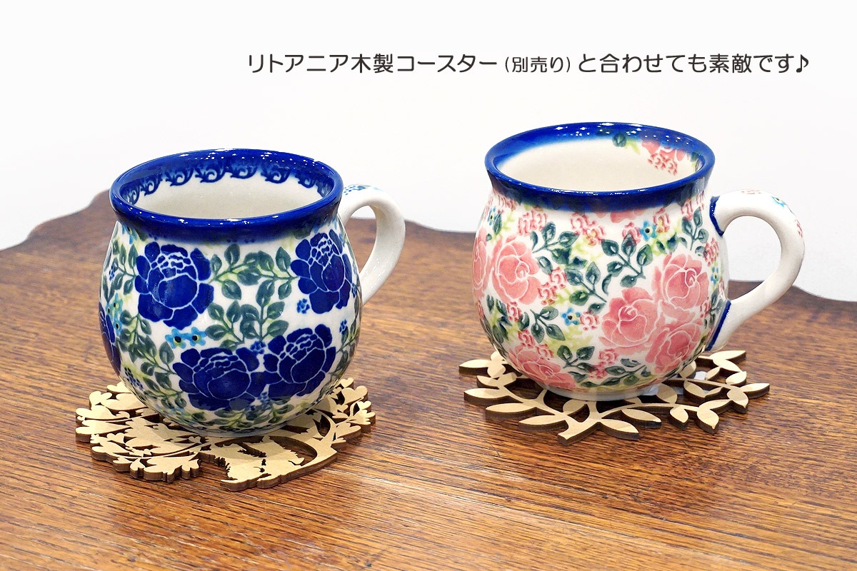 ポーランド陶器　ポーリッシュポタリー 「VENA」 マグカップ大（約340cc） V352-U624　青い薔薇