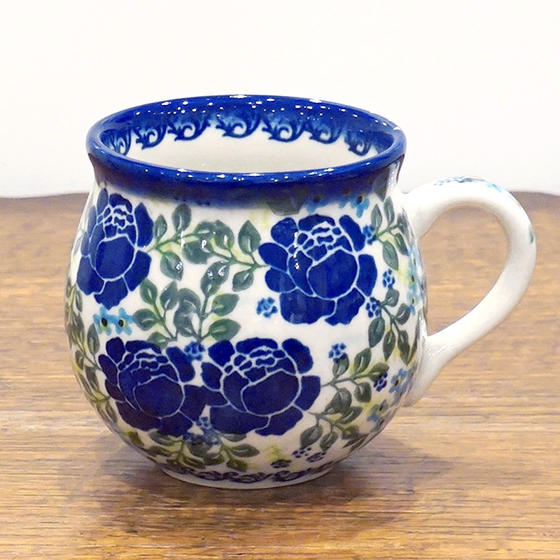 ポーランド陶器　ポーリッシュポタリー 「VENA」 マグカップ大（約340cc） V352-U624　青い薔薇