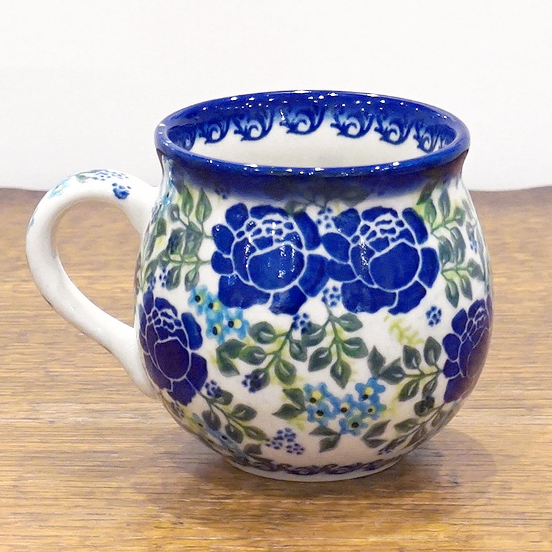 ポーランド陶器　ポーリッシュポタリー 「VENA」 マグカップ大（約340cc） V352-U624　青い薔薇