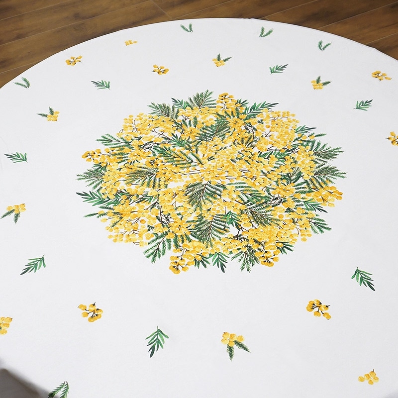 フランス製 コットン撥水テーブルクロス ミモザ/ホワイト 円形180cm