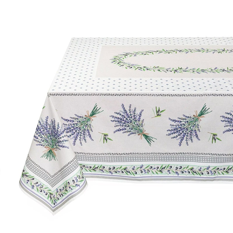 フランス製 コットン撥水テーブルクロス　ロリス/ホワイト 250x150cmサイズ F250155-LRS-WT