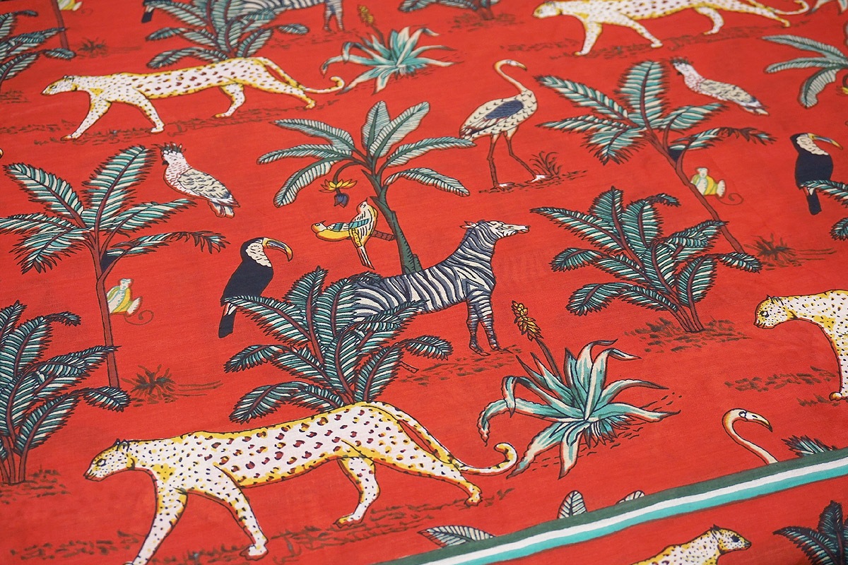 ブロックプリントコットンストール（マルチクロス） ジャングル/レッド　IBP-SCF-JGLRD