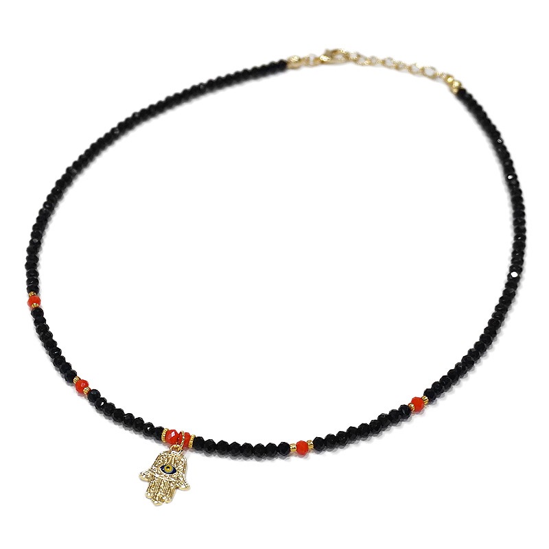 トルコ製　ナザールボンジュウ　ビーズネックレス　N-P14483BK　ファティマの手/ブラック