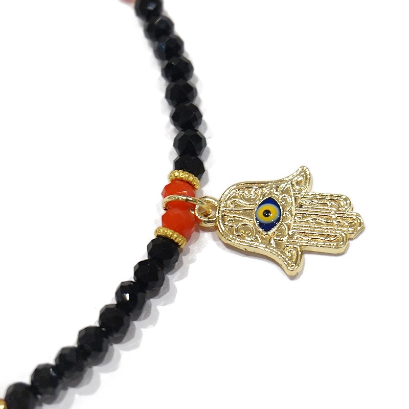 トルコ製　ナザールボンジュウ　ビーズネックレス　N-P14483BK　ファティマの手/ブラック