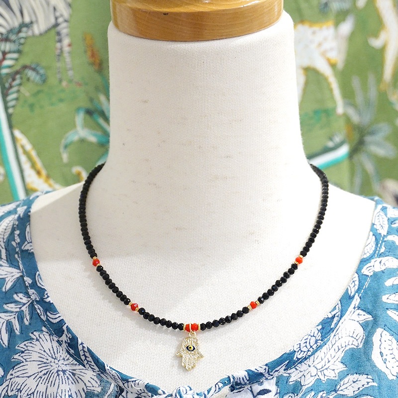 トルコ製　ナザールボンジュウ　ビーズネックレス　N-P14483BK　ファティマの手/ブラック