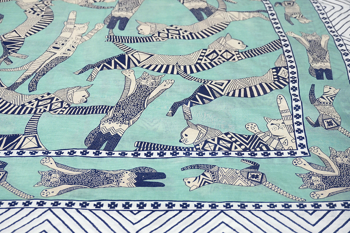 ブロックプリントコットンストール（マルチクロス） エジプシャンキャット/ミント　IBP-SCF-CATBL