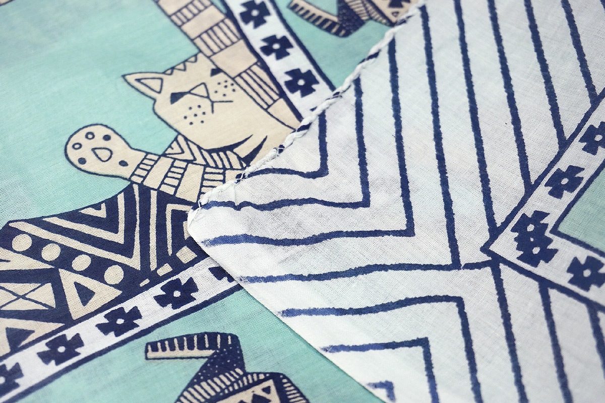 ブロックプリントコットンストール（マルチクロス） エジプシャンキャット/ミント　IBP-SCF-CATBL