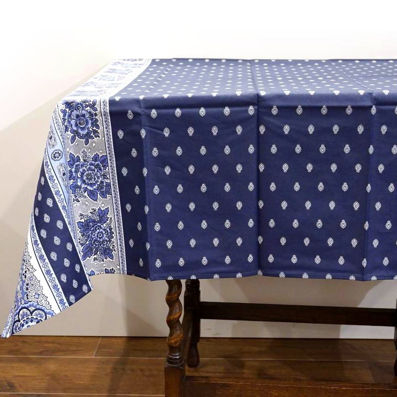 フランス製 コットン撥水テーブルクロス☆バスティード/ネイビー150x120cmサイズ F155120-BSTD-NV