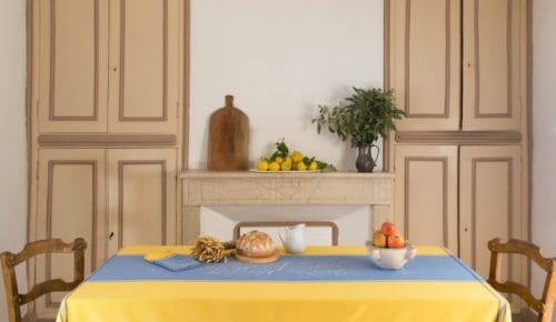 フランス製 ジャカード織　撥水テーブルクロス☆ グリニャン/イエロー 160x160cmサイズ F160160-GRGN-YL