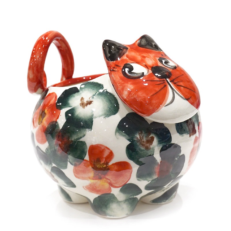 猫の形 陶器 置物 黒と赤 猫の形 陶器 置物 黒と赤