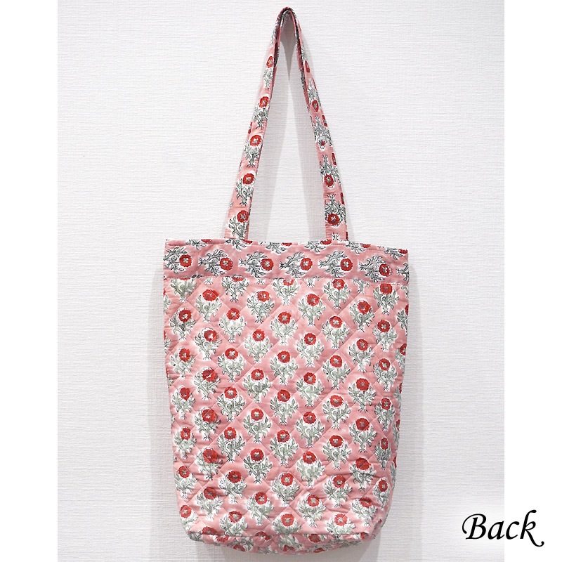 ブロックプリント　キルティングトートバッグ/ピンク　IBP-TOTE-PK