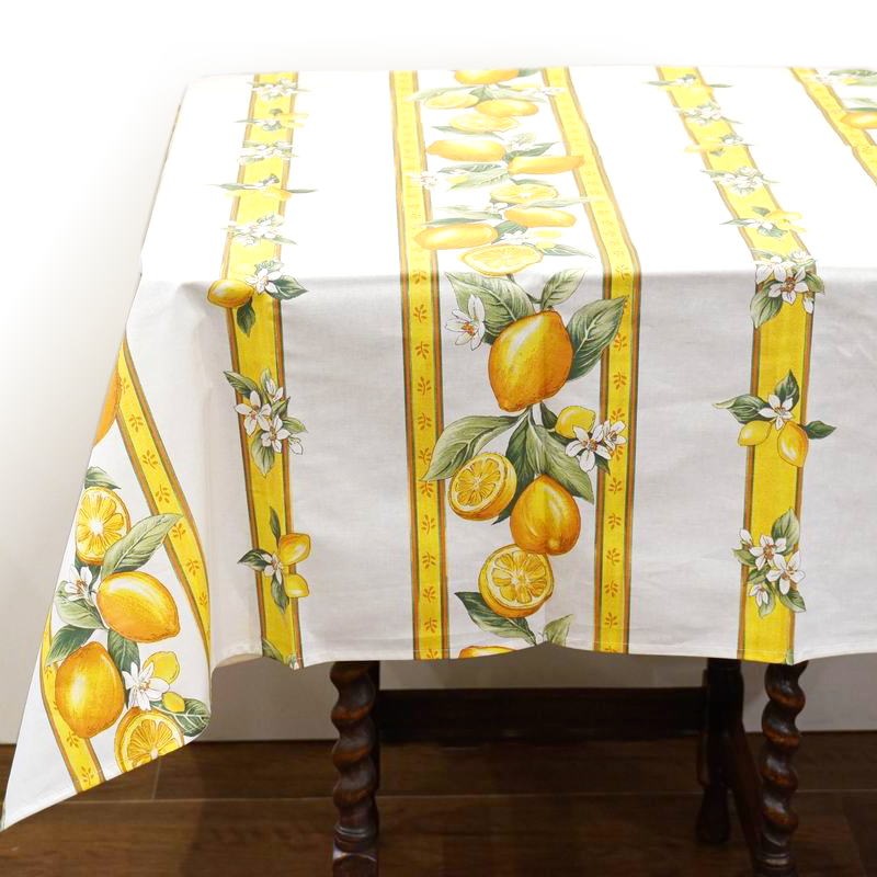 フランス製 コットン撥水テーブルクロス☆シトロン/ホワイト150x120cmサイズ F155120-CITR-WT