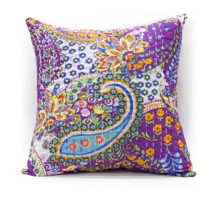 インド製「カンタキルト」クッションカバー◇ペイズリー/パープル KCC
