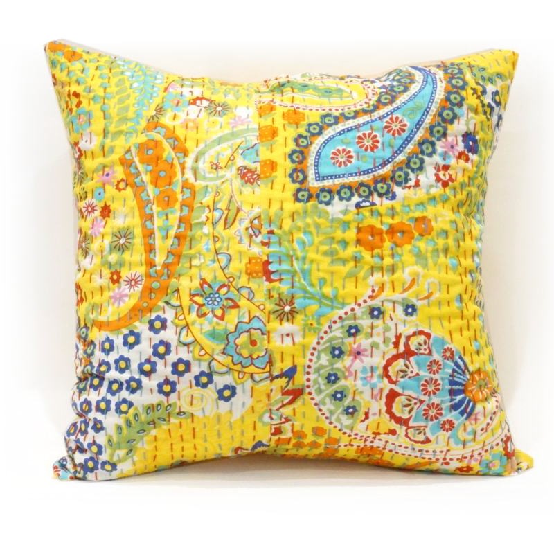 インド製「カンタキルト」クッションカバー◇ペイズリー/イエロー KCC