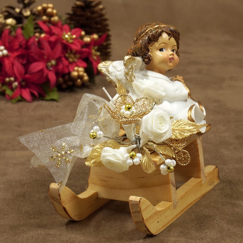 ザルツブルグのクリスマス飾り そり(ホワイトローズ) 天使/ふりむき