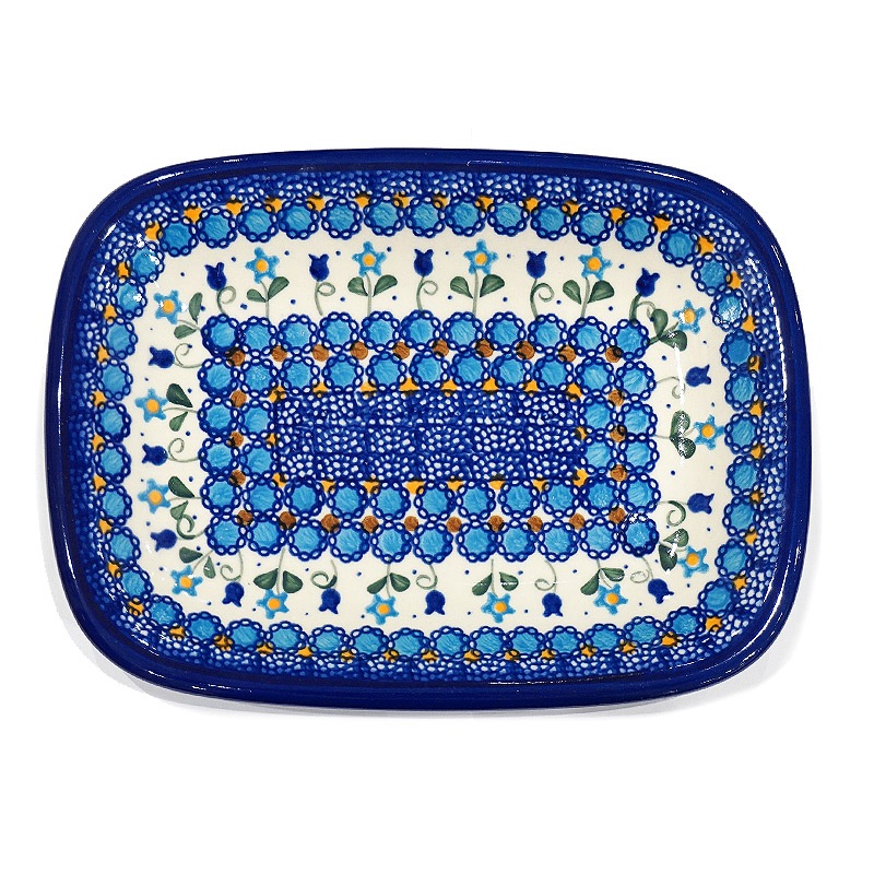 ポーランド陶器　ポーリッシュポタリー 「VENA」 長方形盛皿　V119-U006　ブルーフラワー柄