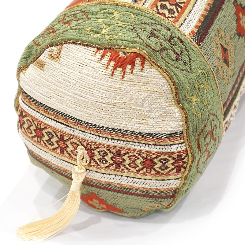 シェニール筒型クッション＜中綿付き＞　TC-KLCR　キリム柄/グリーンxクリーム