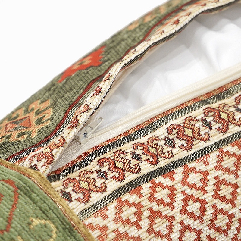 シェニール筒型クッション＜中綿付き＞　TC-KLCR　キリム柄/グリーンxクリーム