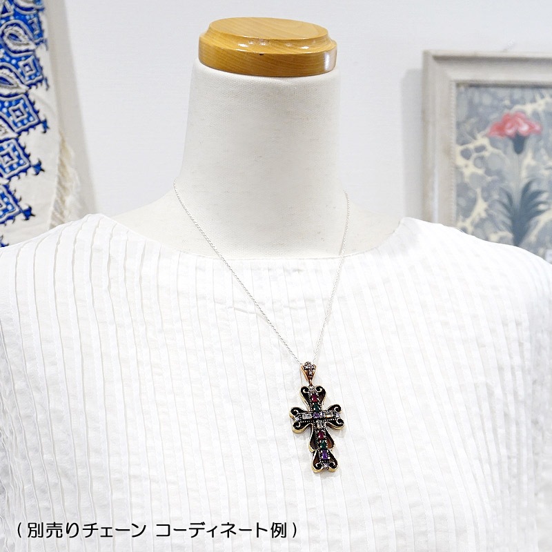 トルコ　アンティーク調　ペンダントトップ　SV-N-OT-XMX　クロス/マルチカラー