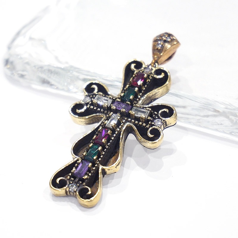 トルコ　アンティーク調　ペンダントトップ　SV-N-OT-XMX　クロス/マルチカラー