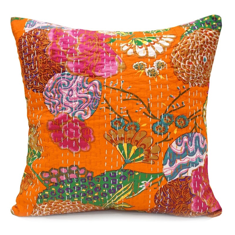 インド製「カンタキルト」クッションカバー◆トロピカル/オレンジ　KCC-FTOR