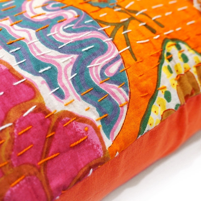 インド製「カンタキルト」クッションカバー◆トロピカル/オレンジ　KCC-FTOR