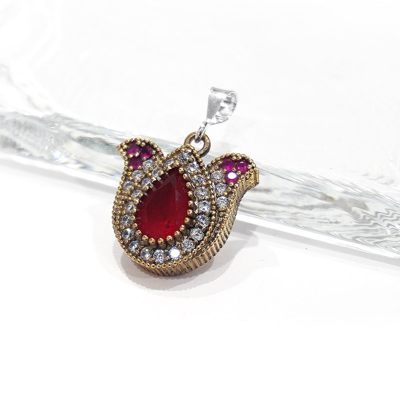 トルコ　アンティーク調　ペンダントトップ　SV-N-OT-RB2　ラーレ/ルビーレッド