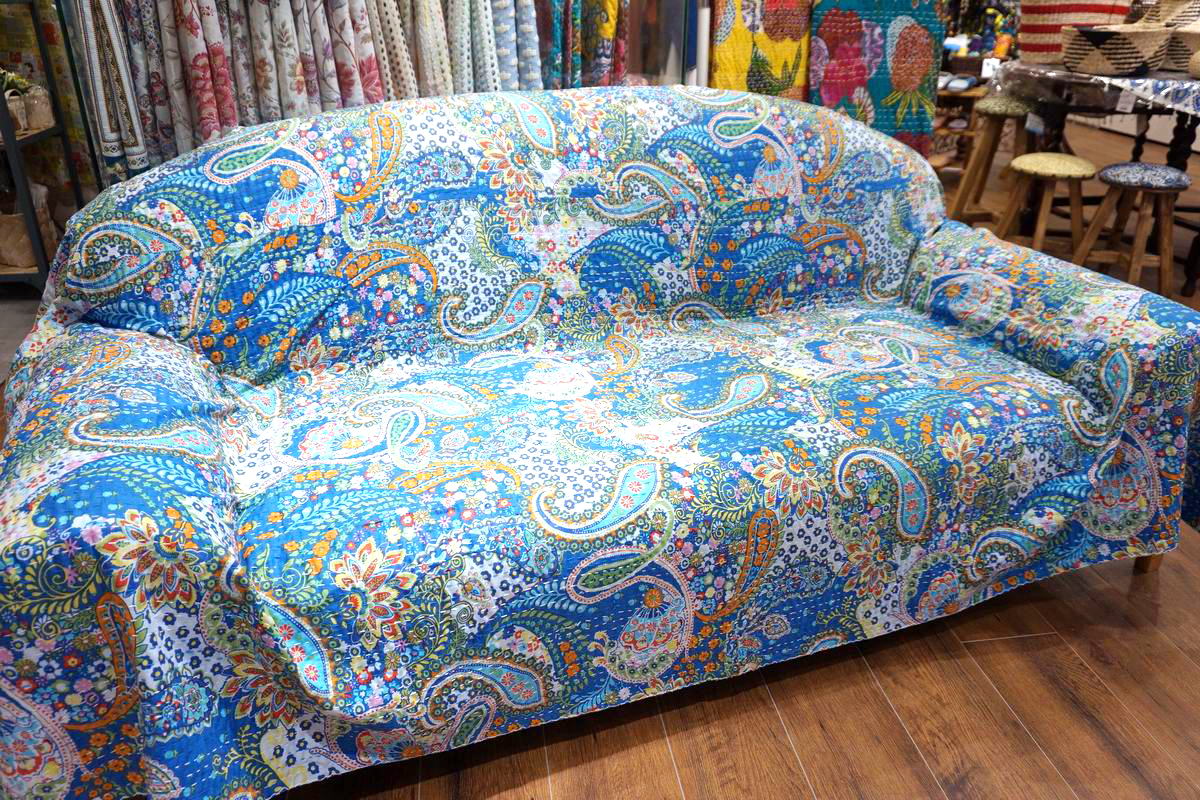 インド製「カンタキルト」マルチカバー◆220ｘ150サイズ◆ペイズリー/ブルー　KMC230-BL