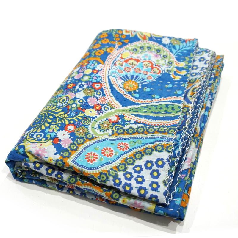 インド製「カンタキルト」マルチカバー◆220ｘ150サイズ◆ペイズリー/ブルー　KMC230-BL