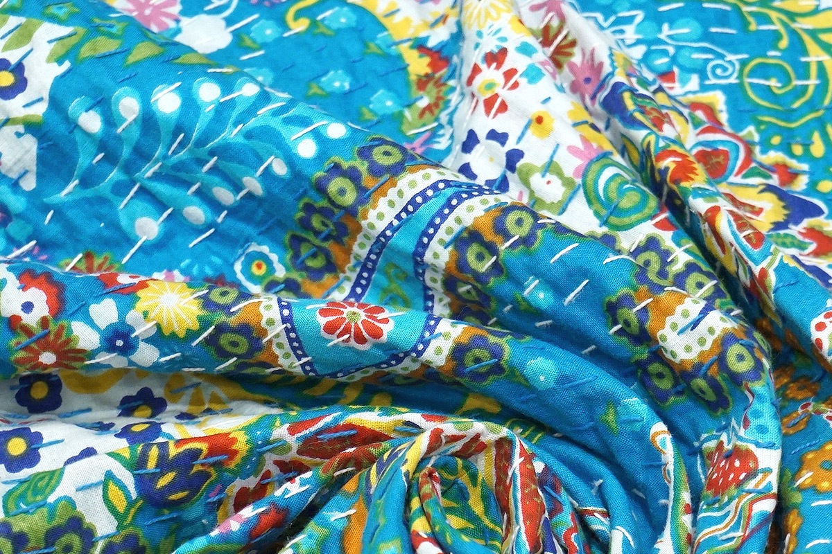 インド製「カンタキルト」マルチカバー◆218×146cm前後◆ペイズリー/ターコイズ　KMC230-PSTQ