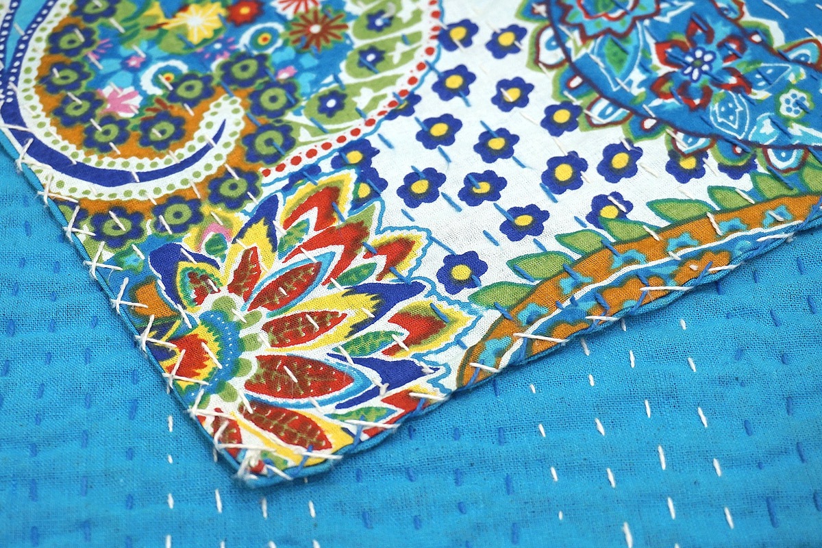 インド製「カンタキルト」マルチカバー◆218×146cm前後◆ペイズリー/ターコイズ　KMC230-PSTQ