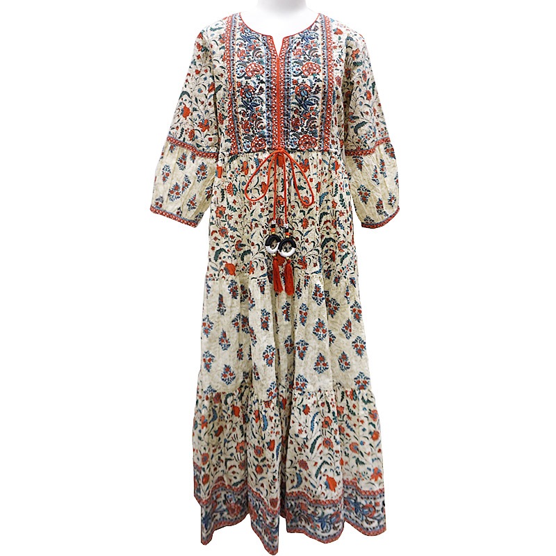 ハンドブロックプリント ワンピース JM-RNR-CR ビーズ刺繍/クリーム