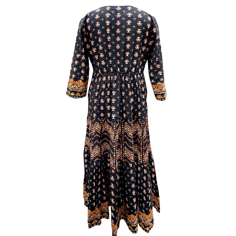 ハンドブロックプリント ワンピース JM-RNR-BK ビーズ刺繍/ブラック