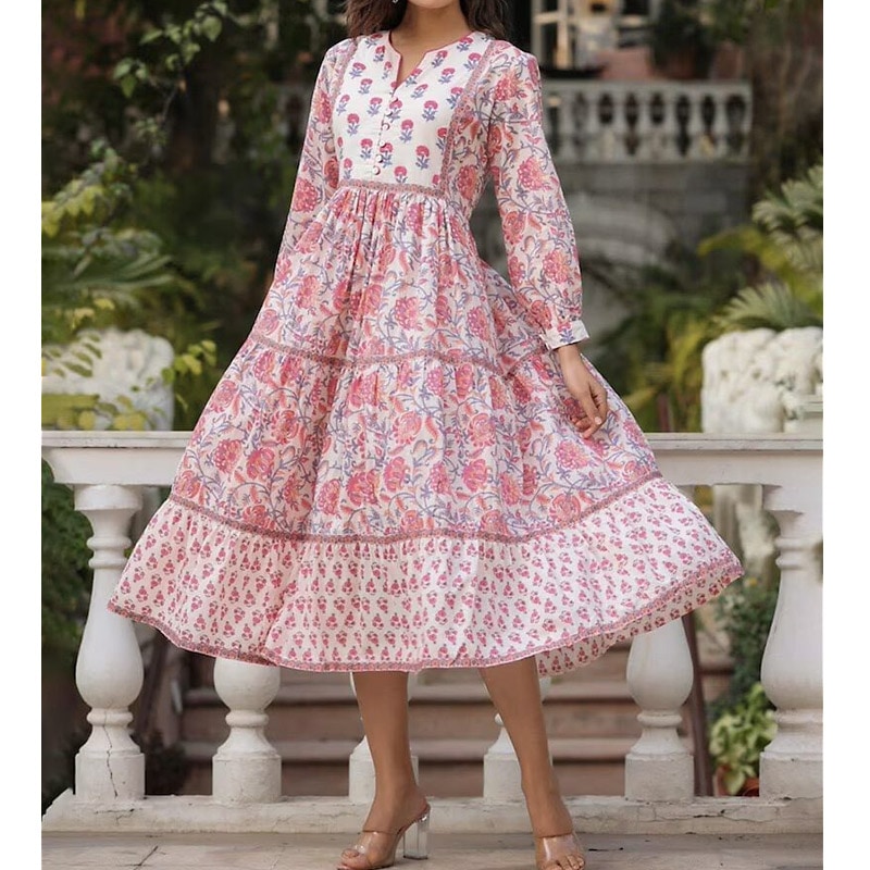 ハンドブロックプリント ワンピース JM-237 コーラルピンク×ホワイト