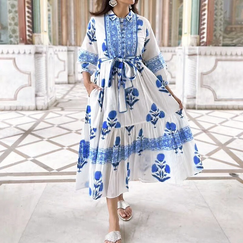 ハンドブロックプリント ワンピース JM-233WTM ウエストリボン